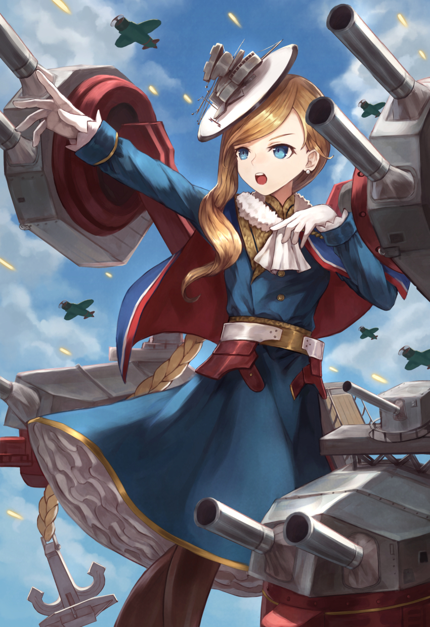 1girl aircraft airplane anchor ascot azur_lane black_pantyhose blonde_hair blue_capelet blue_dress blue_eyes capelet dress earrings frilled_ascot frills gloves hair_over_shoulder hat highres hood_(azur_lane) jewelry long_hair machinery masaki_(msk064) medium_dress open_mouth outdoors pantyhose pointing rigging ship_turret solo white_hat