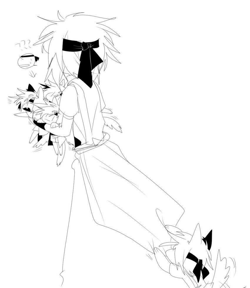 4others ? ?? androgynous animal_ears carrying carrying_multiple_people carrying_person closed_mouth coat commentary dog_ears dog_tail fang headband highres kemonomimi_mode kurohebi len&#039;en ling_s mini_person miniother multiple_others multiple_persona no_nose open_mouth other_focus short_hair short_sleeves simple_background sketch symbol-only_commentary tail white_background