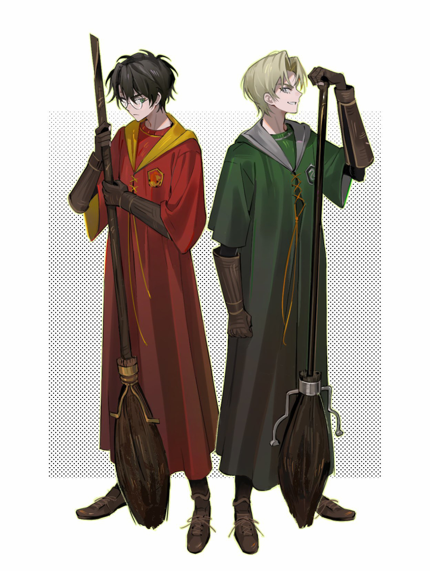 2boys black_hair blonde_hair broom draco_malfoy full_body glasses gloves green_eyes green_robe grey_eyes gryffindor harry_potter harry_potter_(series) highres holding holding_broom male_focus multiple_boys profile quidditch red_robe robe short_hair simple_background slytherin white_background wizarding_world zo
