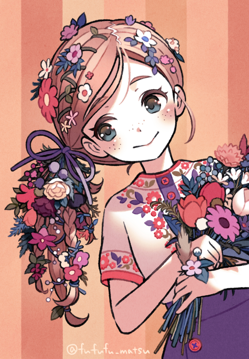 1girl :&gt; blush bouquet closed_mouth eyelashes flower freckles funuyu highres holding holding_bouquet long_hair original pink_flower red_flower shirt side_ponytail smile solo white_flower white_shirt