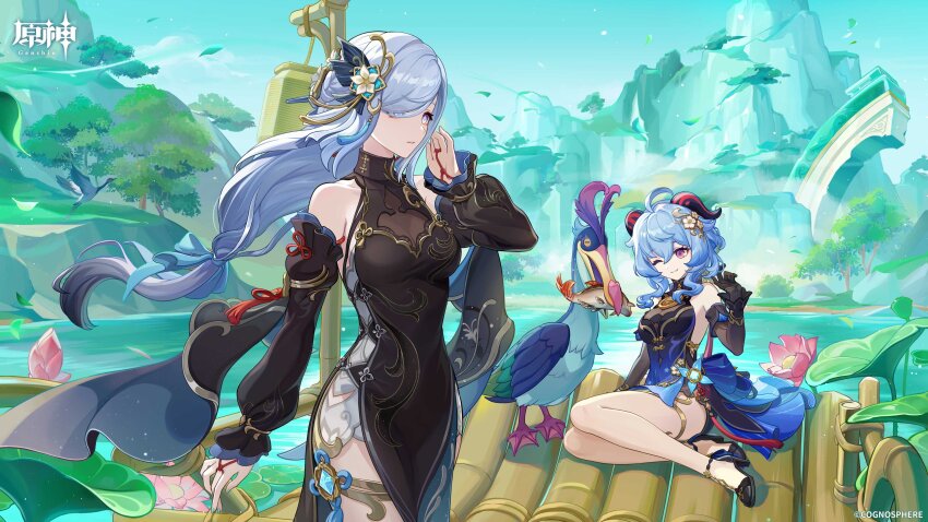 absurdres ahoge bare_shoulders black_dress black_gloves blue_dress blue_hair breasts detached_sleeves dress ganyu_(genshin_impact) ganyu_(twilight_blossom)_(genshin_impact) genshin_impact gloves goat_horns grey_hair hair_ornament hair_over_one_eye highres horns long_hair long_sleeves medium_breasts official_alternate_costume official_art purple_eyes shenhe_(frostflower_dew)_(genshin_impact) shenhe_(genshin_impact) sleeveless sleeveless_dress small_breasts smile very_long_hair