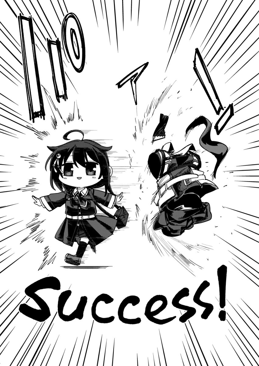 1girl ahoge bag braid chibi gouta_(nagishiro6624) greyscale hair_flaps hair_over_shoulder highres kantai_collection long_hair monochrome necktie outstretched_arms pleated_skirt running shigure_(kancolle) shigure_(sasebo_2018)_(kancolle) shigure_kai_san_(kancolle) shirt single_braid skirt sleeveless sleeveless_shirt solo two-tone_shirt unworn_clothes