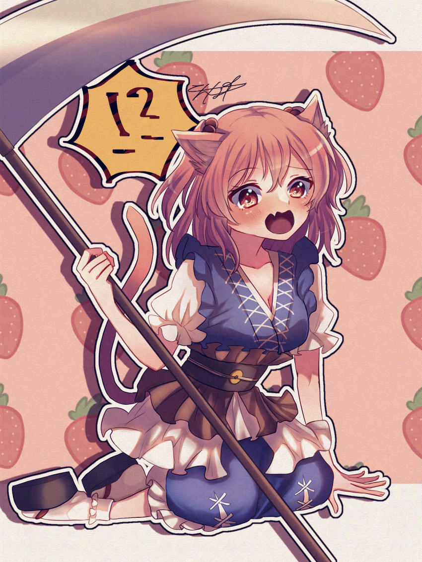 !? absurdres animal_ears blue_dress blush cat_ears cat_girl cat_tail coin commentary_request dress fang full_body highres holding holding_scythe kneeling konpota_(pixiv_113398422) obi onozuka_komachi open_mouth outline red_eyes sash scythe short_sleeves signature skin_fang strawberry_background tail touhou white_outline