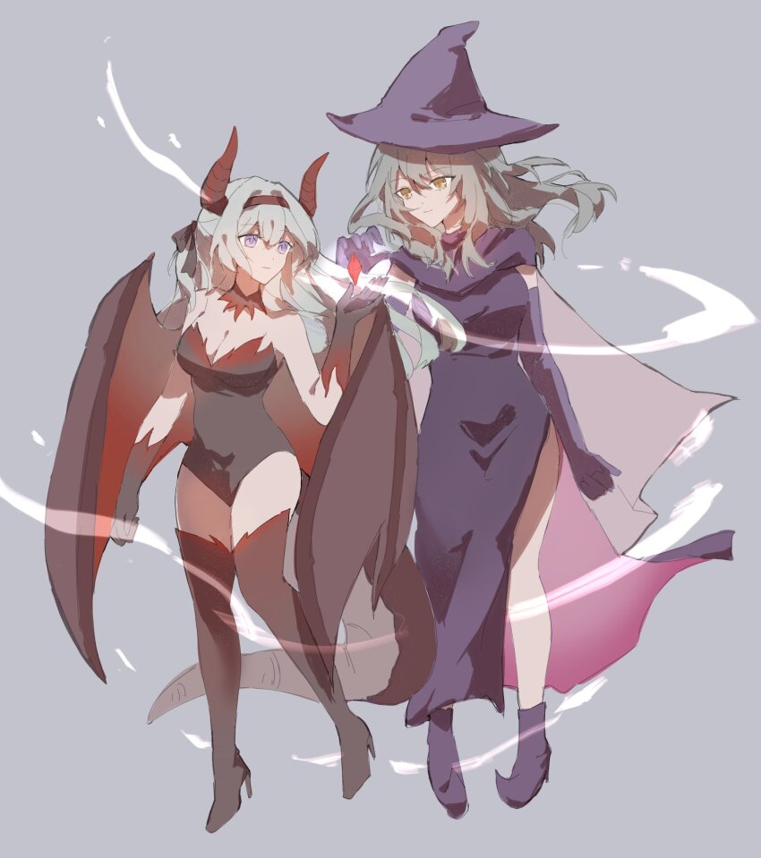 2girls alternate_universe black_boots black_gloves black_hairband black_leotard blue_dress blue_gloves blue_shoes boots breasts cleavage crystal dragon_horns dragon_tail dragon_wings dress elbow_gloves firefly_(honkai:_star_rail) gloves grey_background grey_hair hair_between_eyes hair_intakes hairband hat high_heels highres honkai:_star_rail honkai_(series) horns large_breasts leotard minutes_(minutes_draw) multiple_girls shoes simple_background stelle_(honkai:_star_rail) strapless strapless_leotard tail thigh_boots trailblazer_(honkai:_star_rail) wings witch_hat