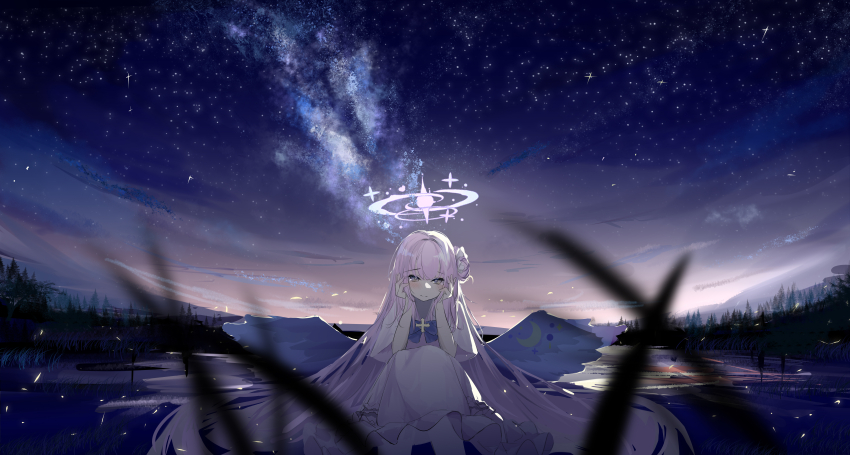 1girl absurdres blue_archive blunt_bangs blush bow cross dress frills hair_bun hair_intakes halo hands_on_own_face he_yue highres long_hair mika_(blue_archive) night night_sky on_floor outdoors pink_hair sidelocks sitting sky smile solo star_(sky) starry_sky very_long_hair white_dress wings