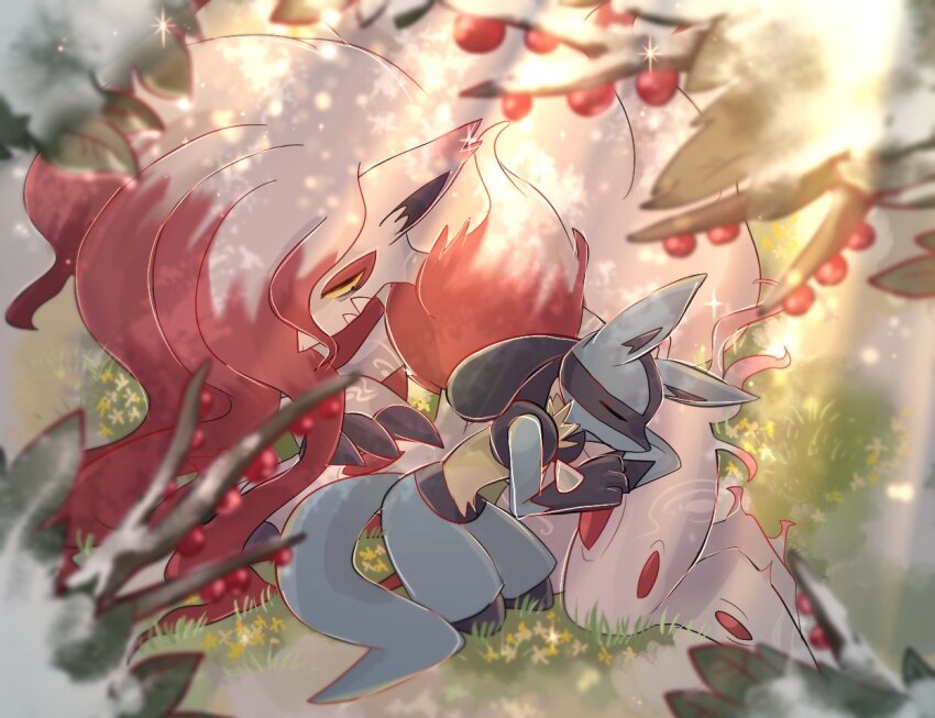 black_fur blue_fur gen_4_pokemon grass hisuian_zoroark lucario nintendo pokemon pokemon_(creature) prrll_kzk red_fur sleeping tail two-tone_fur white_fur yellow_background