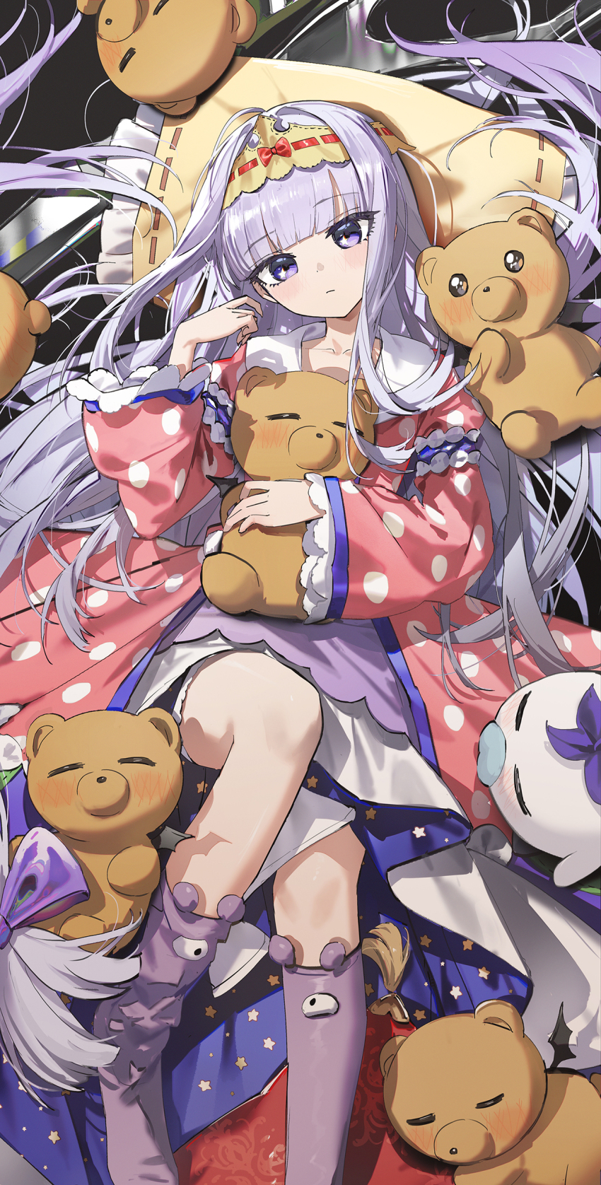 1girl absurdres aurora_sya_lis_kaymin blunt_bangs blush closed_mouth crown expressionless hairband head_on_pillow highres hugging_doll hugging_object kieed long_hair looking_at_viewer lying maou-jou_de_oyasumi on_back pillow pink_shirt purple_eyes purple_hair purple_skirt purple_socks shirt sidelocks skirt socks stuffed_animal stuffed_toy teddy_bear teddy_demon yellow_hairband