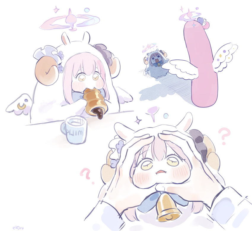 ? absurdres animal_costume backwards_text bell blue_archive blue_bow blue_bowtie blush bow bowtie chibi commentary cup dessert eating ekoru english_commentary food halo hands_on_another&#039;s_face height_difference highres holding holding_food horns looking_at_viewer mika_(blue_archive) multiple_views neck_bell open_mouth pastry pink_hair pov pov_hands scared sheep_costume sheep_horns simple_background snoot_challenge sparkle standing white_wings wings yellow_eyes