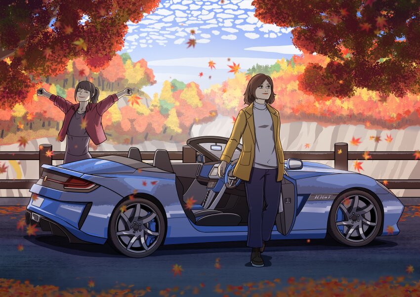 2girls ^_^ absurdres autumn_leaves black_dress black_eyes black_footwear blue_car blue_pants car clenched_hands closed_eyes cloud convertible dress grey_shirt highres jacket leaf looking_at_viewer motor_vehicle multiple_girls original pants ponytail red_lips right-hand_drive shadow shirt shoes short_hair sky smile sneakers sports_car stretching sumakun turtleneck turtleneck_shirt vehicle_focus yellow_jacket