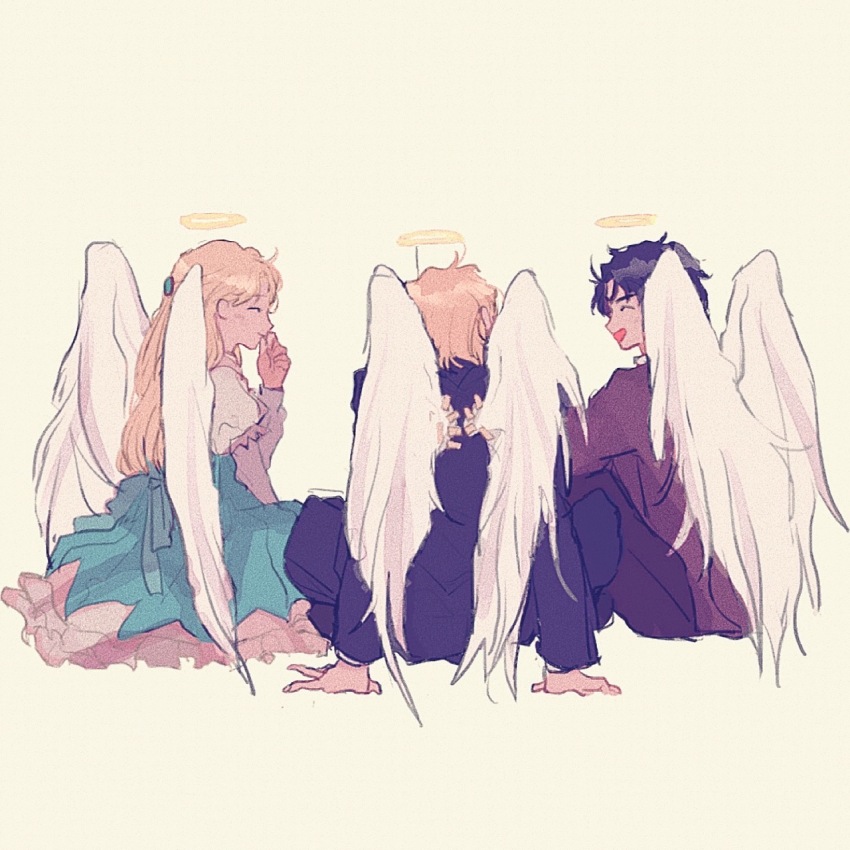 1girl 2boys angel angel_wings arm_support black_hair blonde_hair blue_dress blue_jacket blue_pants brown_pants closed_eyes closed_mouth dio_brando dress erina_pendleton facing_another fake_halo fake_wings feathered_wings film_grain frilled_dress frills from_behind fuha_(azukiba_9) full_body halo hand_on_own_chin highres jacket jojo_no_kimyou_na_bouken jonathan_joestar juliet_sleeves knees_up laughing long_hair long_sleeves multiple_boys open_mouth pants phantom_blood puffy_sleeves short_hair simple_background sitting smile white_wings wings yellow_background