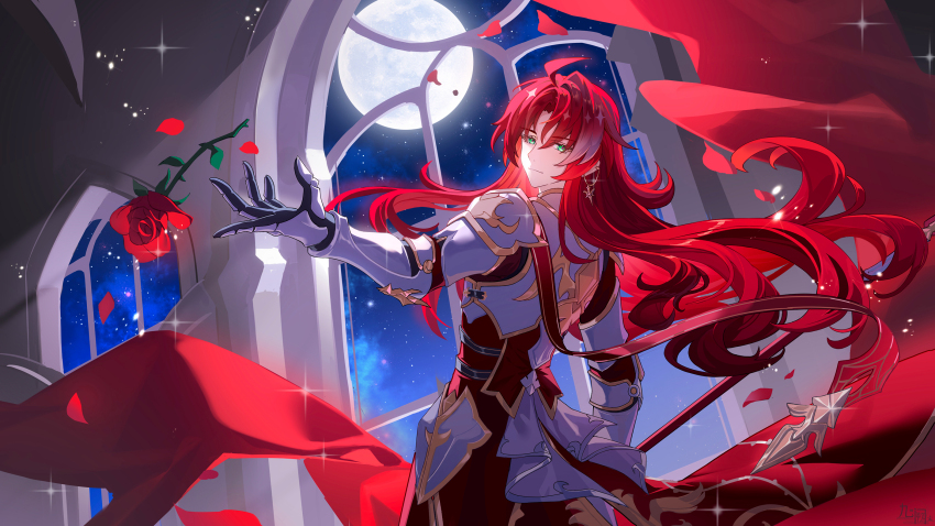 1boy argenti_(honkai:_star_rail) armor black_gloves chirippu closed_mouth flower gloves green_eyes highres honkai:_star_rail honkai_(series) long_hair looking_at_viewer male_focus moon night night_sky red_flower red_hair red_rose rose sky smile standing upper_body white_armor