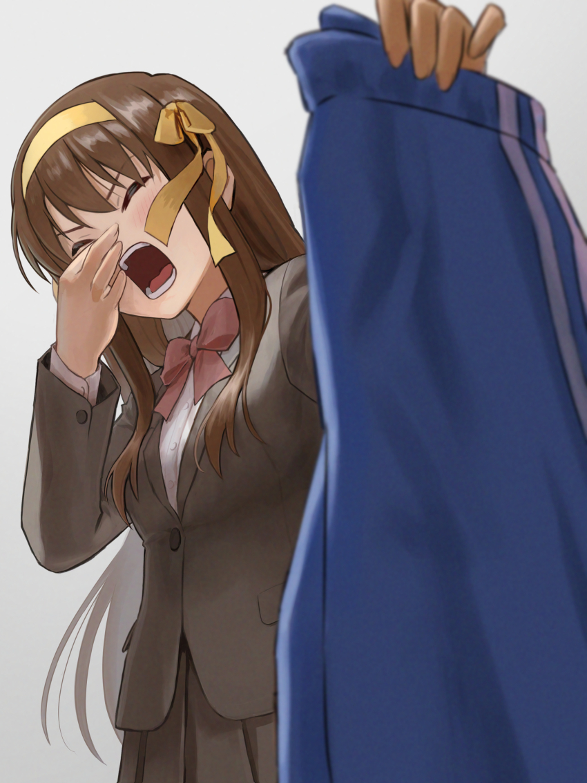 1girl absurdres blazer blue_pants bow bowtie brown_hair brown_jacket brown_skirt closed_eyes collared_shirt commentary_request hair_ribbon hairband highres holding holding_pants holding_unworn_clothes ishiyuki jacket kouyouen_academy_school_uniform long_hair long_sleeves official_alternate_costume official_alternate_hair_length official_alternate_hairstyle open_mouth pants pink_bow pink_bowtie ribbon school_uniform shirt skirt smelling smelling_clothes solo suzumiya_haruhi suzumiya_haruhi_no_shoushitsu suzumiya_haruhi_no_yuuutsu teeth unworn_pants white_shirt winter_uniform
