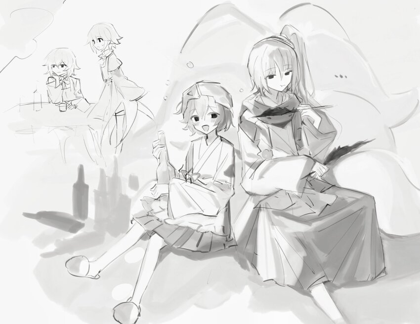 ... 4others :t adagumo_no_yaorochi androgynous annoyed apron arm_on_table ascot bad_id bad_twitter_id bare_legs blush bottle chewing chinese_commentary choko_(cup) closed_mouth coat coattails collared_coat commentary_request cup detached_sleeves eating elbow_on_table enraku_tsubakura expressionless food foot_out_of_frame frown full_body grey_background greyscale hair_between_eyes hair_ornament hair_scrunchie hakama hakama_short_skirt hakama_skirt hand_on_own_chin happy helmet high_side_ponytail highres holding holding_bottle holding_food houlen_yabusame japanese_clothes jinbaori katano_sukune kimono kotatsu layered_sleeves len&#039;en long_hair long_sleeves looking_at_viewer looking_to_the_side monochrome multiple_others multiple_tails neck_ribbon no_headwear notice_lines open_mouth other_focus pom_pom_(clothes) ribbon sake_bottle scrunchie shadow shirt short_hair short_kimono short_over_long_sleeves short_sleeves shorts sitting skewer skirt sleeveless sleeveless_coat sleeveless_shirt slippers smile snake_tail squeans table tail waist_apron waist_ribbon wide_sleeves yoiame