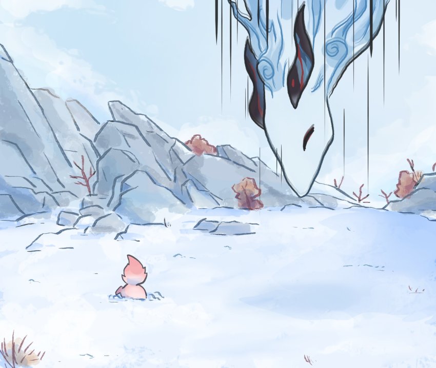 action animal_ears animalization black_horns branch burrowing derivative_work fox fox_tail ganyu_(genshin_impact) ganyu_(qilin)_(genshin_impact) genshin_impact highres horns motion_lines mountain mountainous_horizon national_geographic no_humans pink_fur qilin_(mythology) snow snowflakes speed_lines tail tree xinzoruo yae_miko yae_miko_(fox)