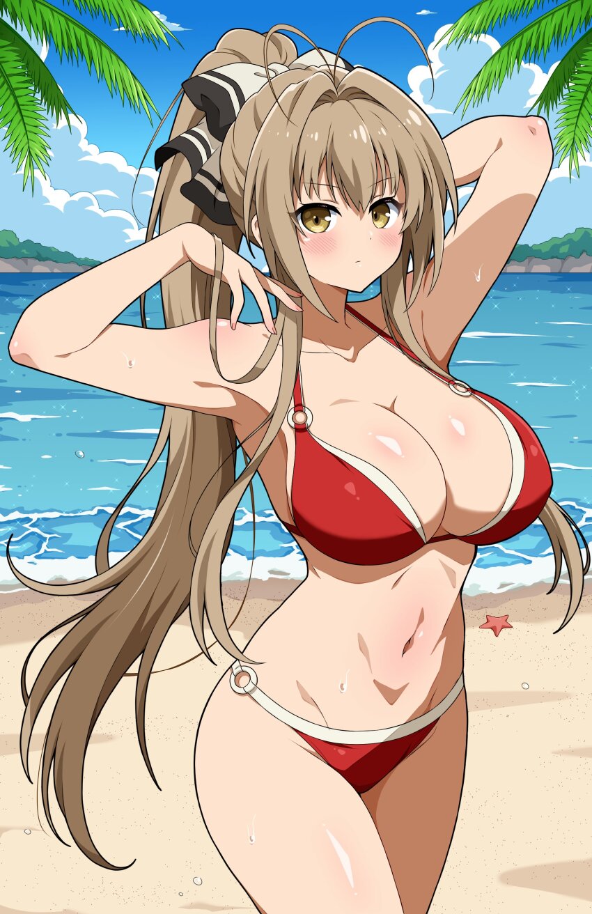 1girl absurdres amagi_brilliant_park antenna_hair beach bikini blue_sky blush breasts cleavage cloud collarbone commentary_request day eggman_(ni_tamagoex) feet_out_of_frame halterneck highres horizon large_breasts lineart long_hair navel o-ring o-ring_bikini ocean outdoors ponytail red_bikini ribbon sento_isuzu sky solo string_bikini swimsuit very_long_hair wet