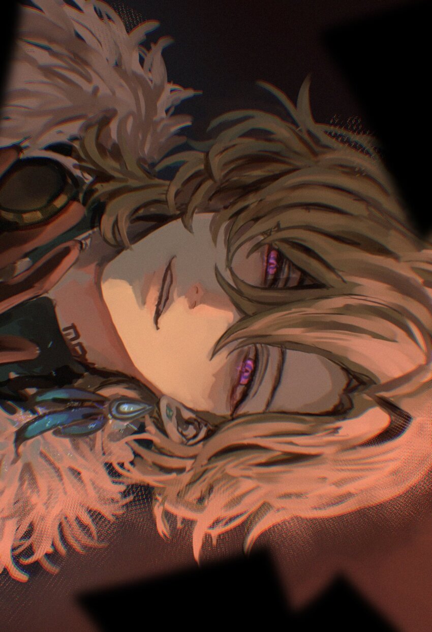 1boy aventurine_(honkai:_star_rail) blonde_hair earrings fur_trim hair_between_eyes highres honkai:_star_rail honkai_(series) jewelry looking_at_viewer male_focus parted_bangs parted_lips partially_shaded_face piercing pink_eyes shirt sideways single_earring solo teeth white_fur xo_5ss