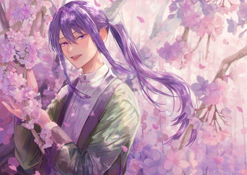 1boy backlighting bishounen blurry blurry_background branch bud casual cherry_blossoms cherry_tree dated depth_of_field ensemble_stars! falling_petals floating_hair flower green_jacket hair_between_eyes hair_intakes hands_up high_collar highres holding holding_branch jacket kanzaki_souma light_blush long_hair long_sleeves looking_at_viewer male_focus motoyui open_mouth petals pink_flower pink_petals ponytail purple_eyes purple_hair shirt sidelocks smile solo teeth toumanura twitter_username upper_body upper_teeth_only very_long_hair white_shirt