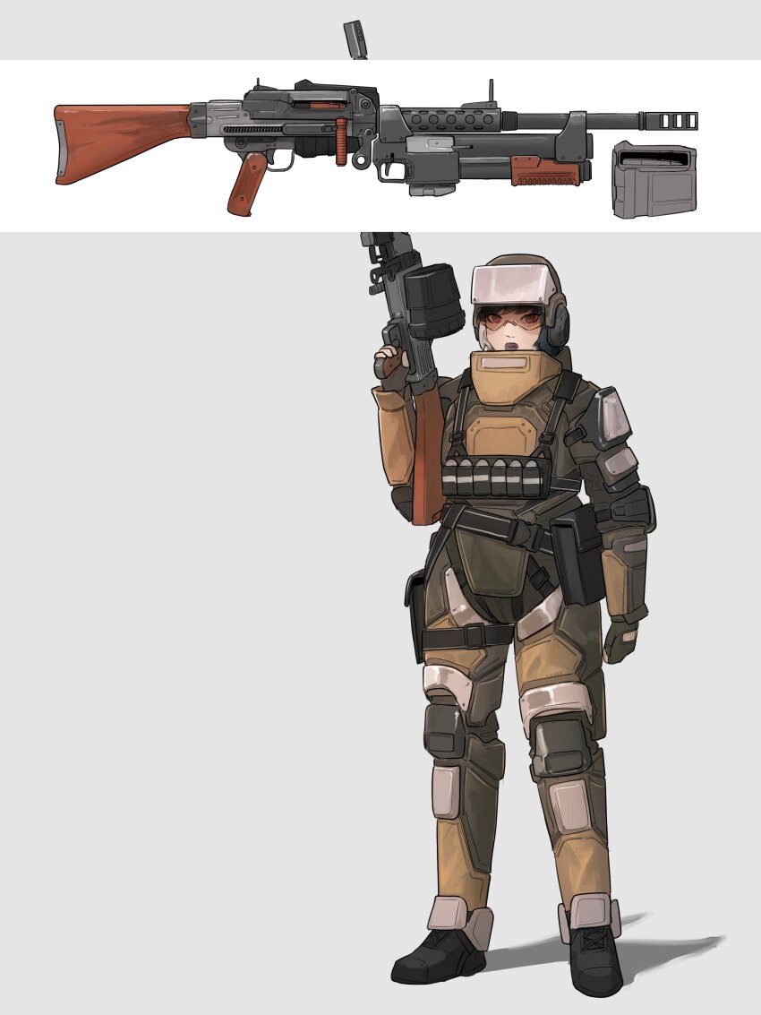 1girl absurdres ammunition_pouch armor belt_pouch black_footwear black_hair black_lips bulletproof_vest clenched_hand combat_helmet drum_magazine expressionless fingerless_gloves full_body gloves gorget grey_background gun hand_up harness helmet highres holding holding_gun holding_weapon looking_at_viewer machinery magazine_(weapon) notfuji orange-tinted_eyewear original parted_lips pouch red_eyes safety_glasses solo tinted_eyewear underbarrel_shotgun weapon weapon_focus