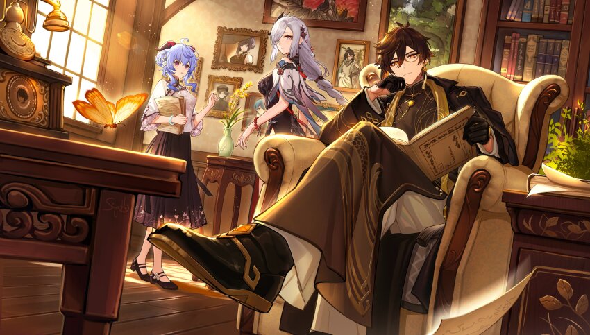 1boy 2girls absurdres ahoge alternate_hairstyle black_footwear black_skirt blue_hair bracelet bug butterfly chinese_clothes ganyu_(genshin_impact) genshin_impact goat_horns grey_hair hair_ornament highres horns hoyofair indoors insect jewelry long_hair long_skirt long_sleeves looking_at_viewer multiple_girls ningguang_(genshin_impact) parted_lips shenhe_(genshin_impact) shirt siya_ho skirt standing white_shirt xianyun_(genshin_impact) xiao_(genshin_impact) xingqiu_(genshin_impact) yelan_(genshin_impact) zhongli_(genshin_impact)