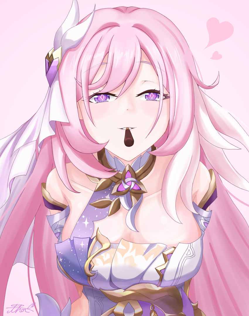 1girl absurdres artist_name breasts cleavage commentary_request corset diamond-shaped_pupils diamond_(shape) elf elysia_(herrscher_of_human:_ego)_(honkai_impact) elysia_(honkai_impact) food food_in_mouth heart highres honkai_(series) honkai_impact_3rd large_breasts long_hair looking_at_viewer pink_background pink_hair pocky pocky_in_mouth pointy_ears purple_eyes solo symbol-shaped_pupils thor_gdgd triquetra veil very_long_hair white_corset white_veil
