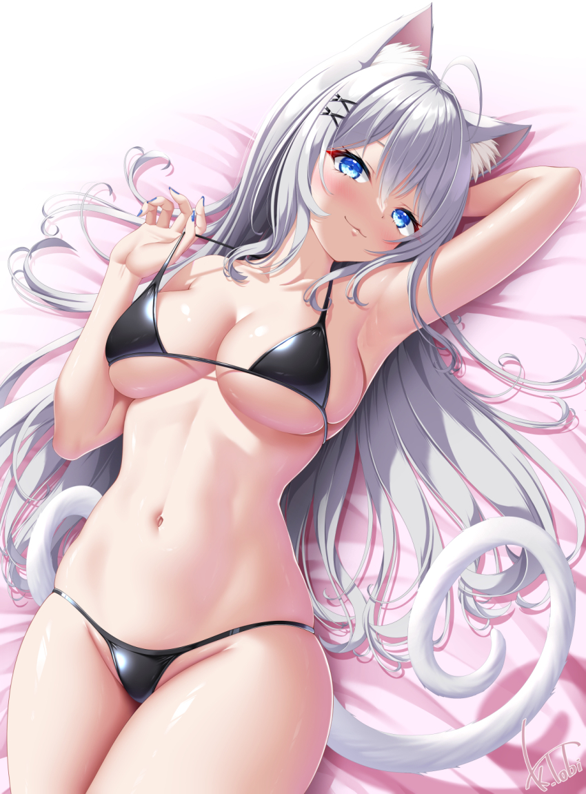 1girl :3 ahoge animal_ear_fluff animal_ears arm_behind_head arm_up armpits bikini black_bikini blue_eyes blue_nails blush breasts cat_ears cat_girl cat_tail cleavage grey_hair hair_between_eyes hair_ornament highres kogarashi_tobi large_breasts long_hair looking_at_viewer lying micro_bikini nail_polish navel on_back original signature skindentation smile solo swimsuit tail thighs x_hair_ornament