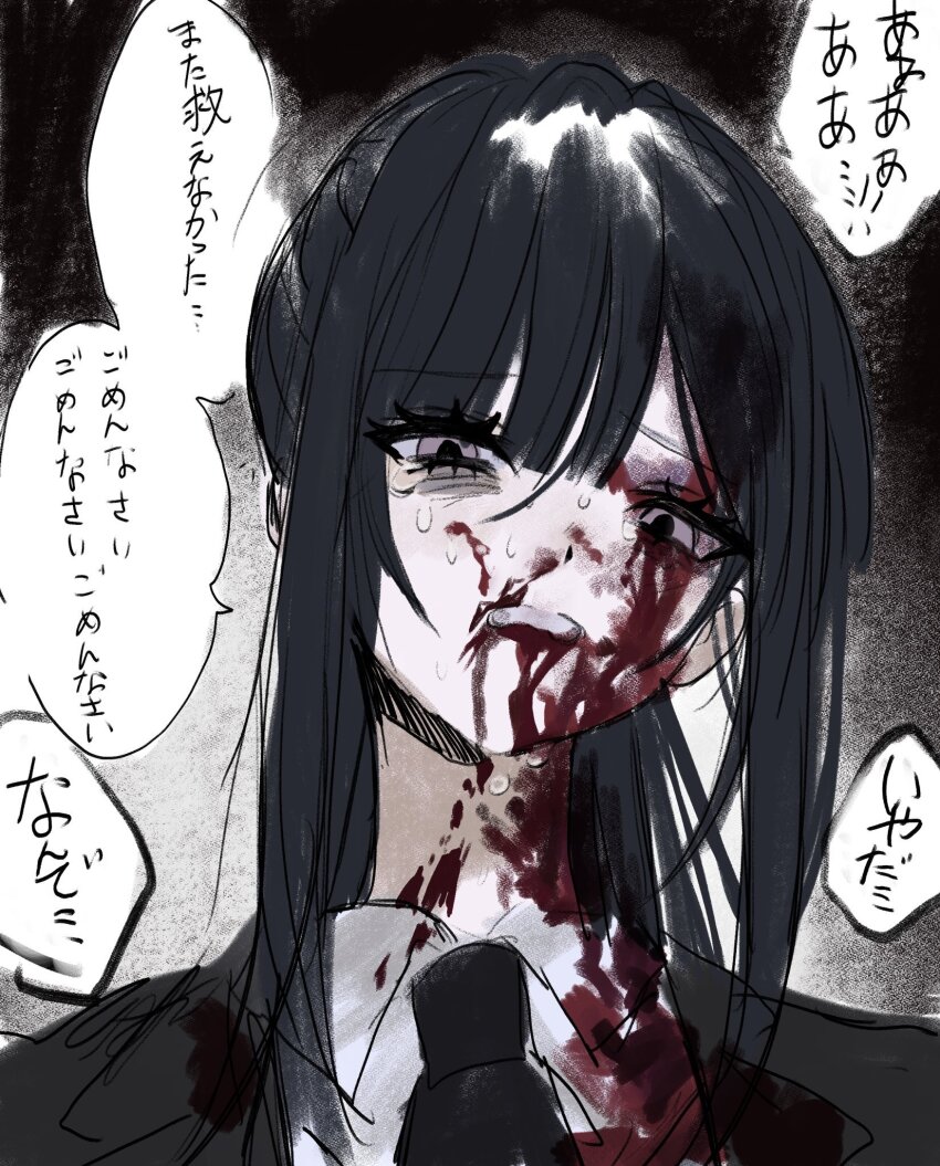 1girl akai_ringo_(eveyuno) black_background black_hair blood blood_from_mouth blood_on_face bruise bruised_eye high_ponytail highres injury looking_at_viewer necktie original ponytail