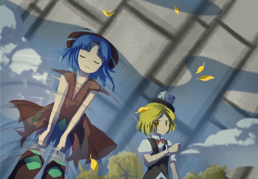 2others androgynous baila_kuangzi black_vest blonde_hair blue_hair bow bowtie closed_eyes closed_mouth coat collared_shirt dice_hair_ornament hair_ornament hat highres leaf len&#039;en light_blue_hair multicolored_hair multiple_others other_focus parted_bangs pink_shirt puffy_short_sleeves puffy_sleeves red_bow red_bowtie red_coat red_hat see-through_clothes see-through_coat senri_haiji shirt short_hair short_sleeves striped_clothes striped_headwear striped_shirt vest white_shirt white_wrist_cuffs wrist_cuffs xeno_a yellow_eyes