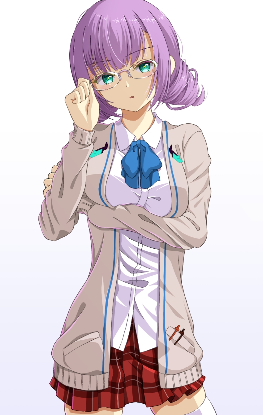 1girl adjusting_eyewear arm_under_breasts blue_bow blue_bowtie bow bowtie breasts collared_shirt commentary_request drill_hair glasses green_eyes grey_sweater heaven_burns_red highres higuchi_seika long_sleeves looking_at_viewer medium_breasts mochimugi_rice object_in_pocket pen pen_in_pocket plaid_clothes plaid_skirt pleated_skirt pocket purple_hair red_skirt school_uniform shirt simple_background skirt solo standing sweater thighhighs twin_drills white_background white_shirt white_thighhighs