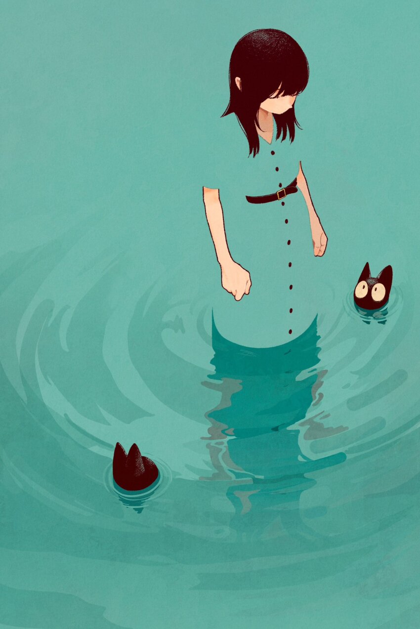 1girl aqua_dress belt black_belt black_cat black_hair blending button_dress cat closed_eyes dress highres long_hair original reflection ripples short_sleeves solo syooooyoooo