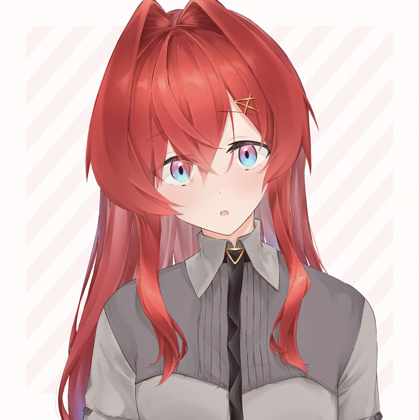 1girl :o ange_katrina ange_katrina_(4th_costume) ayuko_ammobium black_necktie blue_eyes collared_shirt commentary_request crossed_bangs diagonal-striped_background dot_nose gradient_eyes grey_shirt hair_between_eyes hair_intakes head_tilt highres light_blush long_hair long_sidelocks looking_at_viewer multicolored_eyes necktie nijisanji open_mouth pink_eyes portrait red_hair shirt sidelocks straight-on striped_background virtual_youtuber white_background
