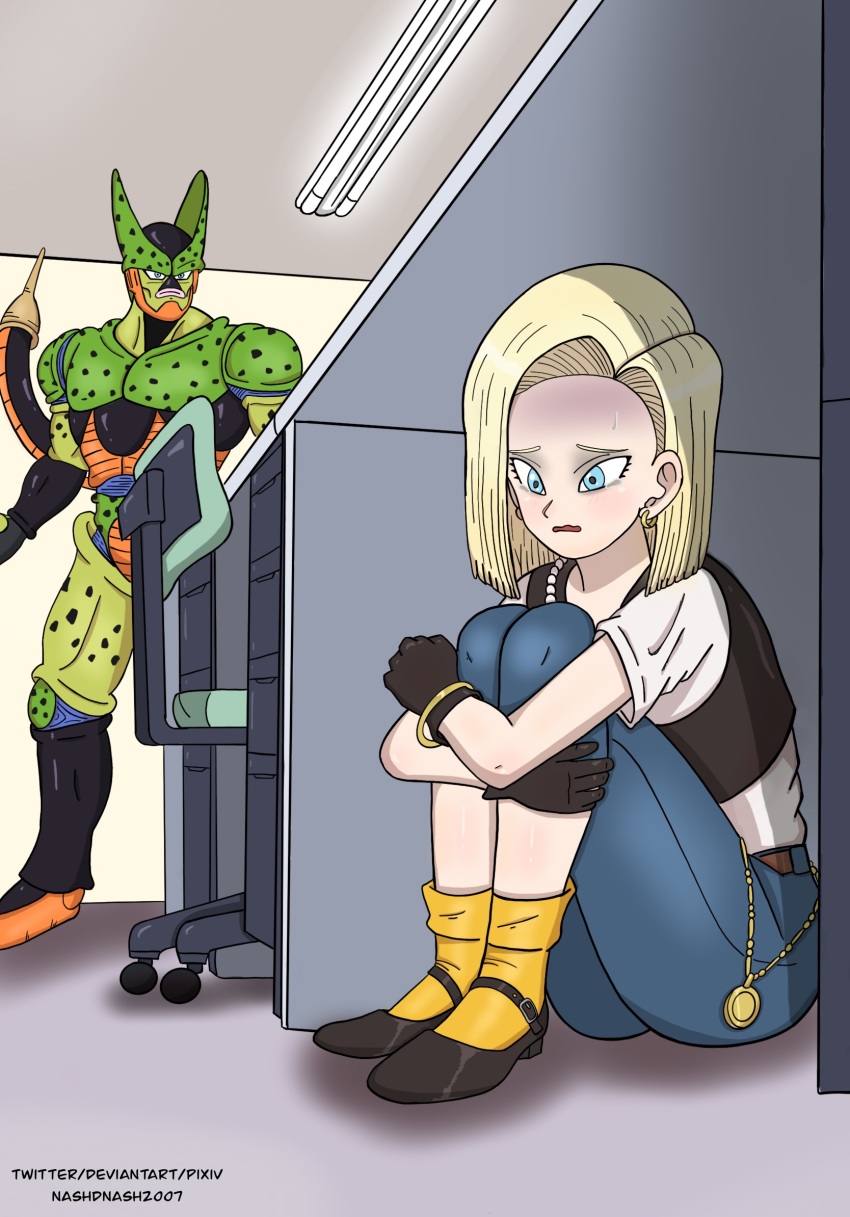 1boy 1girl android_18 anime_girl_hiding_from_a_terminator_(meme) bangle black_footwear black_gloves black_vest blonde_hair blouse blue_eyes bracelet cell_(dragon_ball) chair denim dragon_ball dragonball_z earrings gloves hiding highres jeans jewelry mary_janes meme nashdnash2007 necklace office office_chair orange_legwear pants parody pearl_necklace scared semi-perfect_cell shirt shoes swivel_chair tears terminator_(series) the_terminator vest white_shirt