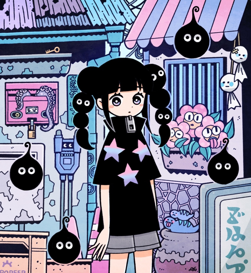 1girl arms_at_sides awning barred_window black_hair black_shirt blob blunt_bangs blush_stickers bright_pupils closed_mouth commentary_request corrugated_galvanized_iron_sheet crate creature crossed_bandaids dot_nose drainpipe flower garouma grey_shorts high_collar highres industrial_pipe key lock looking_at_viewer mailbox_(incoming_mail) medium_hair original outdoors padlock print_shirt purple_eyes shirt short_shorts shorts signature solo standing starry_print suction_cups tentacles teruterubouzu traffic_cone twin_brauids white_pupils window zipper_pull_tab