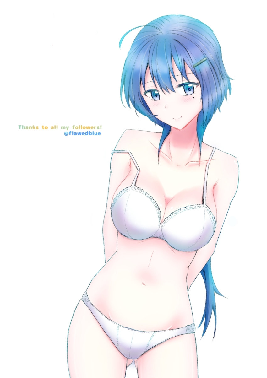 1girl ahoge bare_shoulders blue_eyes blue_hair blush bra breasts cleavage closed_mouth collarbone commentary_request cowboy_shot english_text flawedblue groin hair_between_eyes hair_ornament hairclip highres large_breasts leaning_to_the_side long_hair looking_at_viewer mole mole_under_eye navel panties ponytail setouchi_chie simple_background smile solo standing stomach toji_no_miko twitter_username underwear underwear_only white_background white_bra white_panties
