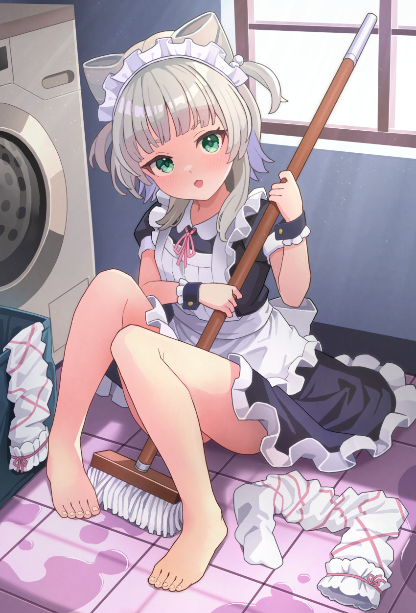 1girl absurdres apron barefoot black_dress blush commentary_request double_bun dress feet frilled_apron frilled_dress frills full_body green_eyes grey_hair hair_bun highres holding holding_mop indoors kashiwagi_mia knees_up looking_at_viewer maid maid_apron maid_headdress medium_hair mop nomio ongeki open_mouth short_sleeves sitting smile socks solo thighhighs tile_floor tiles toes unworn_socks unworn_thighhighs washing_machine wrist_cuffs