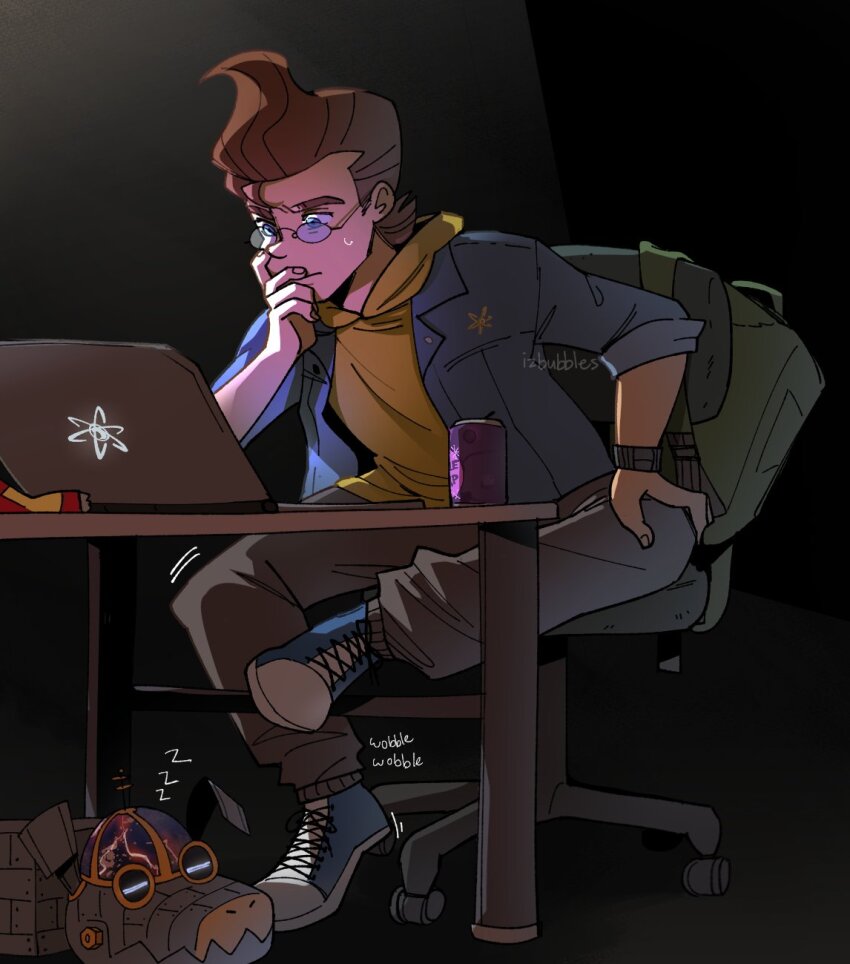 1boy aged_up backpack bag brown_hair chair computer desk glasses goddard_(jimmy_neutron) highres izzy_(izbubbles) jimmy_neutron jimmy_neutron_(series) male_focus non-humanoid_robot pants robot robot_animal robot_dog shirt shoes sitting sleeping white_background