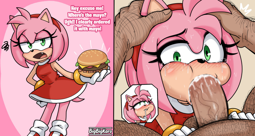 2koma amy_rose awkward bad_tag bigbigkaro blush boots burger comic cum cum_in_mouth dress eating_cum fang fellatio female food green_eyes hairband highres legs medium_hair oral penis pink_fur pink_hair pov pubic_hair sega sonic_(series) tail tears testicles