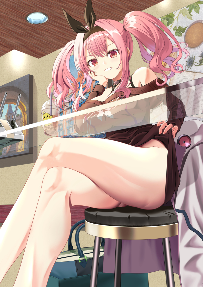 1girl ass azur_lane bare_shoulders between_breasts black_hairband breasts bremerton_(azur_lane) bremerton_(day-off_date)_(azur_lane) brown_dress brown_sweater bubble_tea clothes_lift coat unworn_coat cup disposable_cup dress feet_out_of_frame flashing from_below glass_table hairband hand_on_own_cheek hand_on_own_face highres jacket kagura_hiromu large_breasts crossed_legs looking_at_viewer looking_down manjuu_(azur_lane) multicolored_hair no_panties off-shoulder_dress off-shoulder_sweater off_shoulder official_alternate_costume pink_eyes pink_hair sitting smile solo star_(symbol) star_print strap_between_breasts streaked_hair sweater sweater_dress sweater_lift table teeth two-tone_hair white_jacket