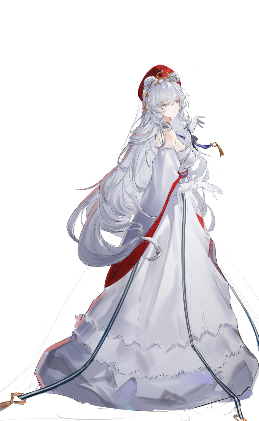1girl :| absurdres alpha_transparency animal_ears arknights bare_shoulders bear_ears blue_eyes breasts closed_mouth detached_collar dress elbow_gloves expressionless flantia from_side full_body gloves hand_up hat heterochromia highres large_breasts long_dress off-shoulder_dress off_shoulder official_alternate_costume purple_eyes red_hat rosa_(arknights) rosa_(masterpiece)_(arknights) solo transparent_background white_dress white_gloves white_hair