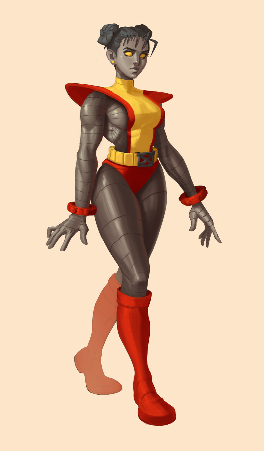 1girl absurdres antenna_hair belt belt_buckle black_hair boots bracelet breasts buckle capcom chun-li colossus_(x-men) commentary double_bun earrings english_commentary full_body fusion gym_shorts hair_bun highres jewelry knee_boots long_legs medium_breasts metal_skin muscular muscular_female no_pupils pedro_ferrer red_boots red_shorts shorts shoulder_pads sideboob solid_eyes solo street_fighter stud_earrings studded_bracelet superhero_costume walking yellow_eyes
