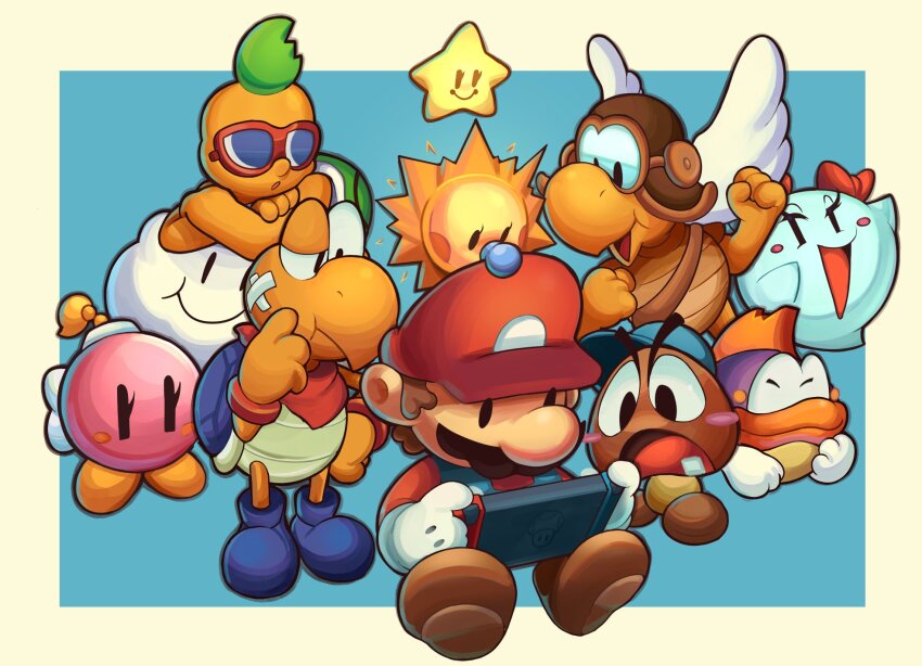 4girls 5boys blue_background blue_footwear blush bombette boots border bow_(paper_mario) brown_footwear commentary ellisbros english_commentary facial_hair gloves goombario handheld_game_console hat highres holding holding_handheld_game_console kooper lakilester mario mario_(series) multiple_boys multiple_girls mustache nintendo nintendo_switch open_mouth paper_mario paper_mario_(character) paper_mario_64 parakarry red_headwear simple_background sitting sushie watt_(paper_mario) white_border white_gloves wings