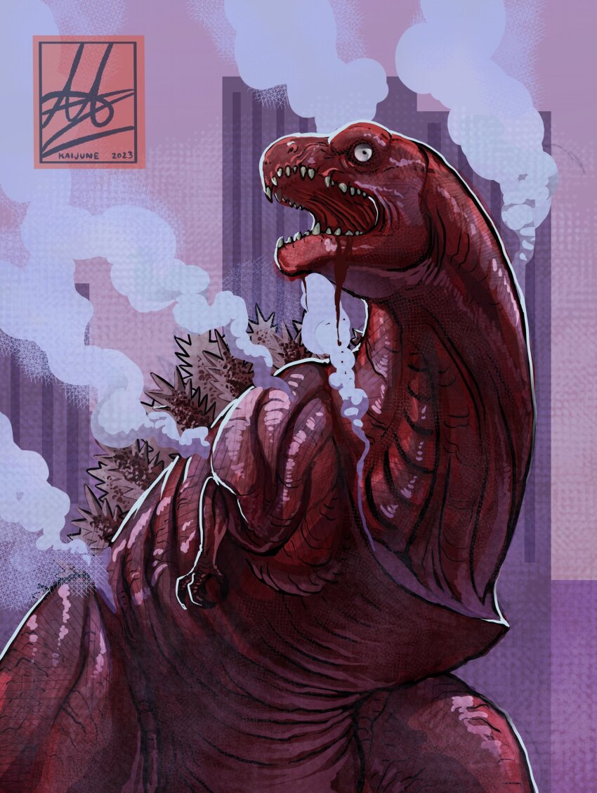 alex_alcanter blood building city claws giant giant_monster godzilla godzilla_(series) highres kaiju monster no_humans open_mouth shin_godzilla skyscraper small_arms spikes steam toho white_eyes