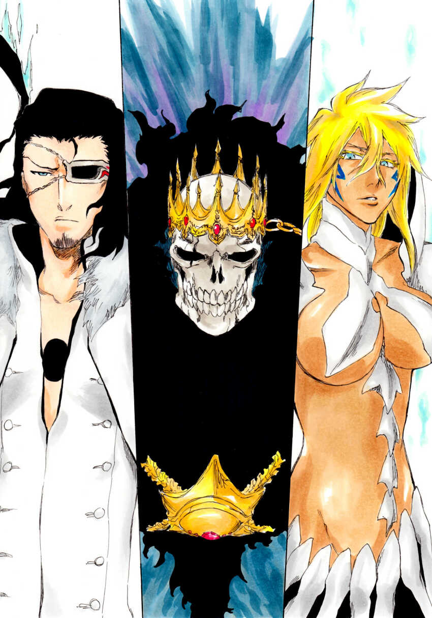 1girl 2boys baraggan_louisenbairn black_hair bleach blonde_hair blue_eyes breasts cleavage closed_mouth colored_eyelashes commentary_request coyote_starrk crown curvy dark-skinned_female dark_skin eyepatch facial_hair facial_mark fur-trimmed_jacket fur_trim goatee green_eyes grin hair_between_eyes highres hole_in_chest hole_on_body jacket ken&#039;ichi_(ken1ro_u) kubo_tite_(style) large_breasts looking_at_viewer medium_hair multiple_boys official_style one_eye_covered parted_lips serious simple_background skull smile spiked_hair tier_harribel tsurime underboob upper_body white_background white_jacket