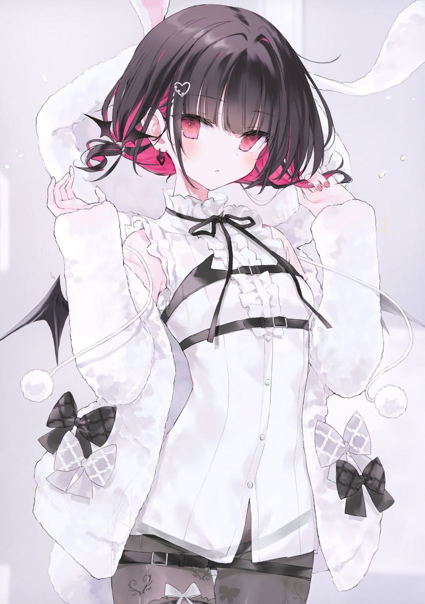 1girl absurdres black_hair blush bow bow_print bowtie breasts buttons closed_mouth earrings fake_wings hair_ornament hands_up highres indie_virtual_youtuber jewelry long_sleeves looking_at_viewer mini_wings multicolored_hair nanananana open_clothes pantyhose pink_eyes pink_hair pom_pom_(clothes) rikotan_(vtuber) scan shirt short_hair simple_background small_breasts solo two-tone_hair virtual_youtuber wings