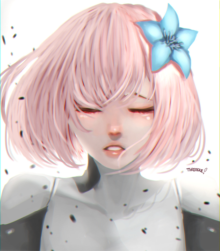 1girl absurdres artist_name blue_flower close-up closed_eyes commentary cytus cytus_ii english_commentary flower hair_flower hair_ornament highres pink_hair portrait short_hair solo threedle vanessa_(cytus)