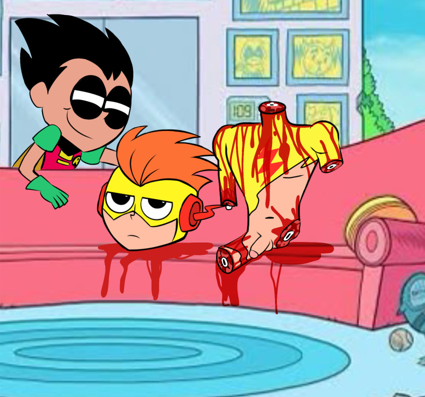 amputee blood blood_on_clothes blood_splatter cartoon_network corpse death decapitation dismemberment ero_guro execution guro highres murder mutilation penis quadruple_amputee robin_(dc) ryona severed_head sillywillydillydally smug teen_titans_go! wally_west yaoi