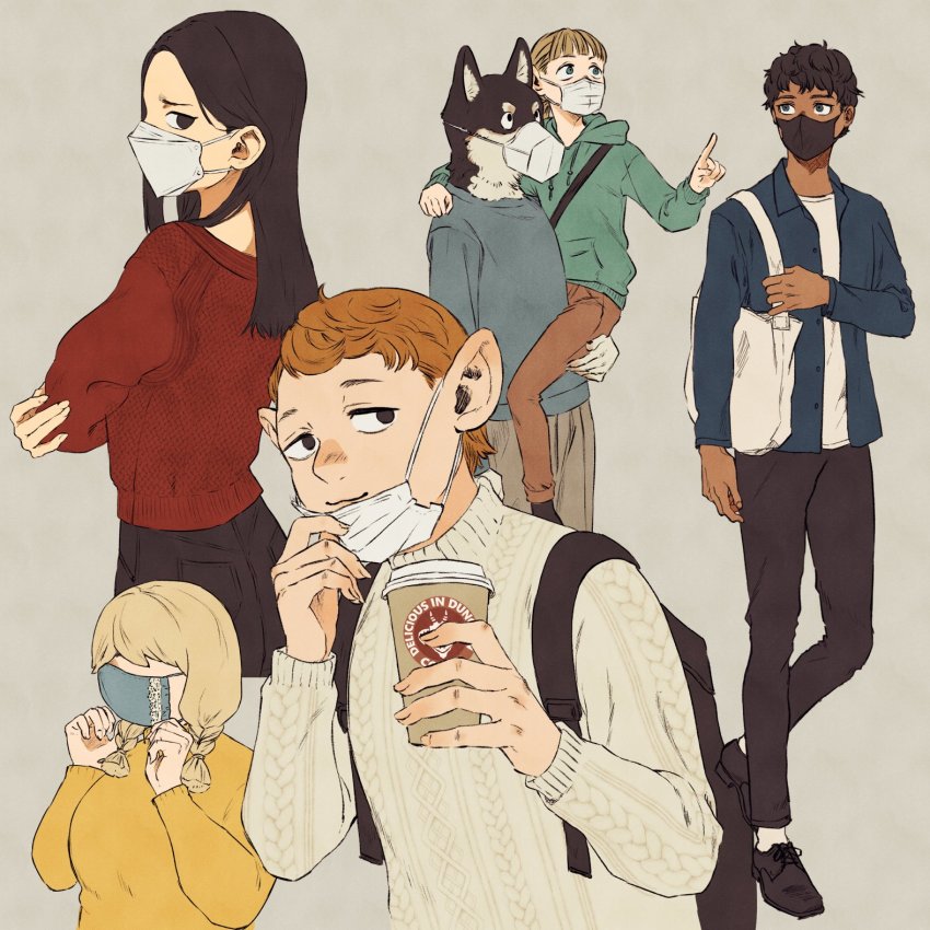 2girls 4boys alternate_species black_hair blonde_hair blue_eyes brown_eyes cup dark-skinned_male dark_skin dia_(dungeon_meshi) disposable_coffee_cup disposable_cup dog_boy dungeon_meshi grey_eyes highres holm_kranom hood hoodie kabru kobold kuro_(dungeon_meshi) mask mickbell_tomas multiple_boys multiple_girls orange_hair pants rin_(dungeon_meshi) shako_(shaco_flat) shoes sweater