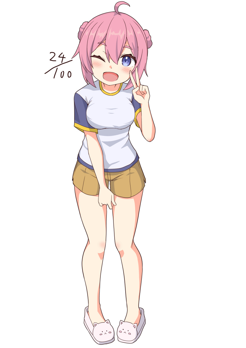 1girl absurdres ahoge animal_slippers blue_eyes blush dated_commentary double_bun full_body hair_bun highres numbered one_eye_closed open_mouth pepatiku pink_hair shirt short_sleeves shorts slippers smile solo steam_(platform) steam_delivery_girl t-shirt v