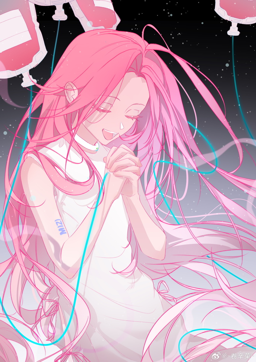 1girl absurdres alien_stage arm_tattoo artist_name blood blood_bag choker closed_eyes commentary dress hashtag-only_commentary highres interlocked_fingers intravenous_drip juan_xin_cai long_hair mizi_(alien_stage) open_mouth own_hands_together pink_hair sleeveless sleeveless_dress solo space star_(sky) tattoo very_long_hair watermark weibo_watermark white_choker white_dress