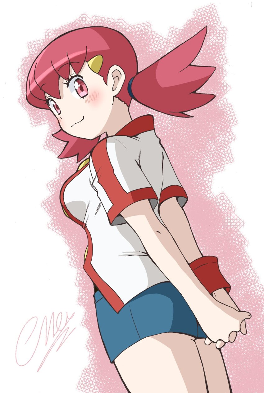 1girl arms_behind_back artist_name ass blush breasts emapippi highres large_breasts legs looking_at_viewer looking_back low_twintails nintendo own_hands_together pink_eyes pink_hair pokemon pokemon_hgss shirt shorts smile solo thighs twintails whitney_(pokemon)