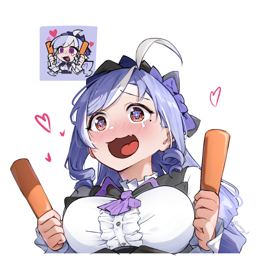 1girl absurdres ahoge blush border breasts drill_hair glowstick heart highres holding holding_glowstick large_breasts long_hair meme mole mole_under_eye multicolored_hair open_mouth orange_eyes purple_hair reference_inset simple_background solo streaked_hair two-tone_hair vincent_leo vivian_(zenless_zone_zero) white_background white_border white_hair zenless_zone_zero zenless_zone_zero_sticker_redraw_(meme)